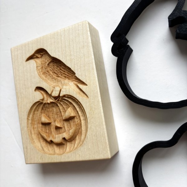 画像3: カラスとハロウィンカボチャ/Crow on the Jack-o-Lantern＋2種のカッター付き*wood cookie mold【送料無料】 (3)