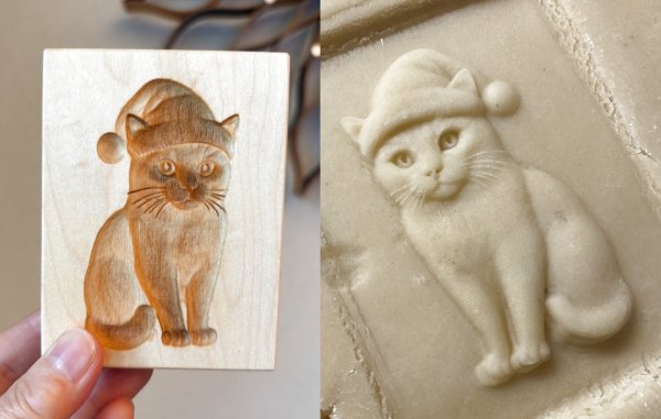 画像1: Christmas Kitty / クリスマスキャット＋カッター付き*wood cookie mold【送料無料】 (1)