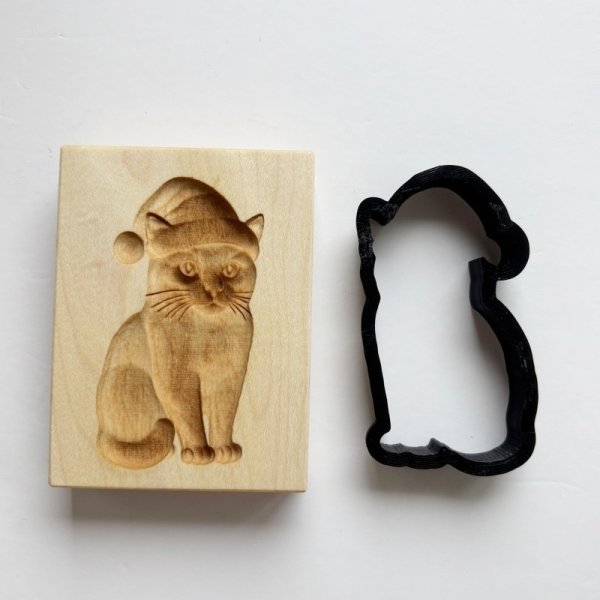 画像2: Christmas Kitty / クリスマスキャット＋カッター付き*wood cookie mold【送料無料】 (2)